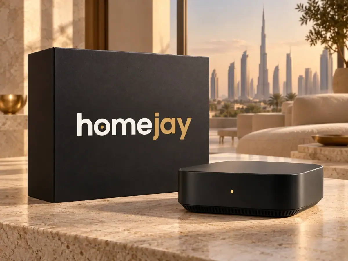 The Homejay Core appliance and its presentation box in a Dubai living room at sunset.