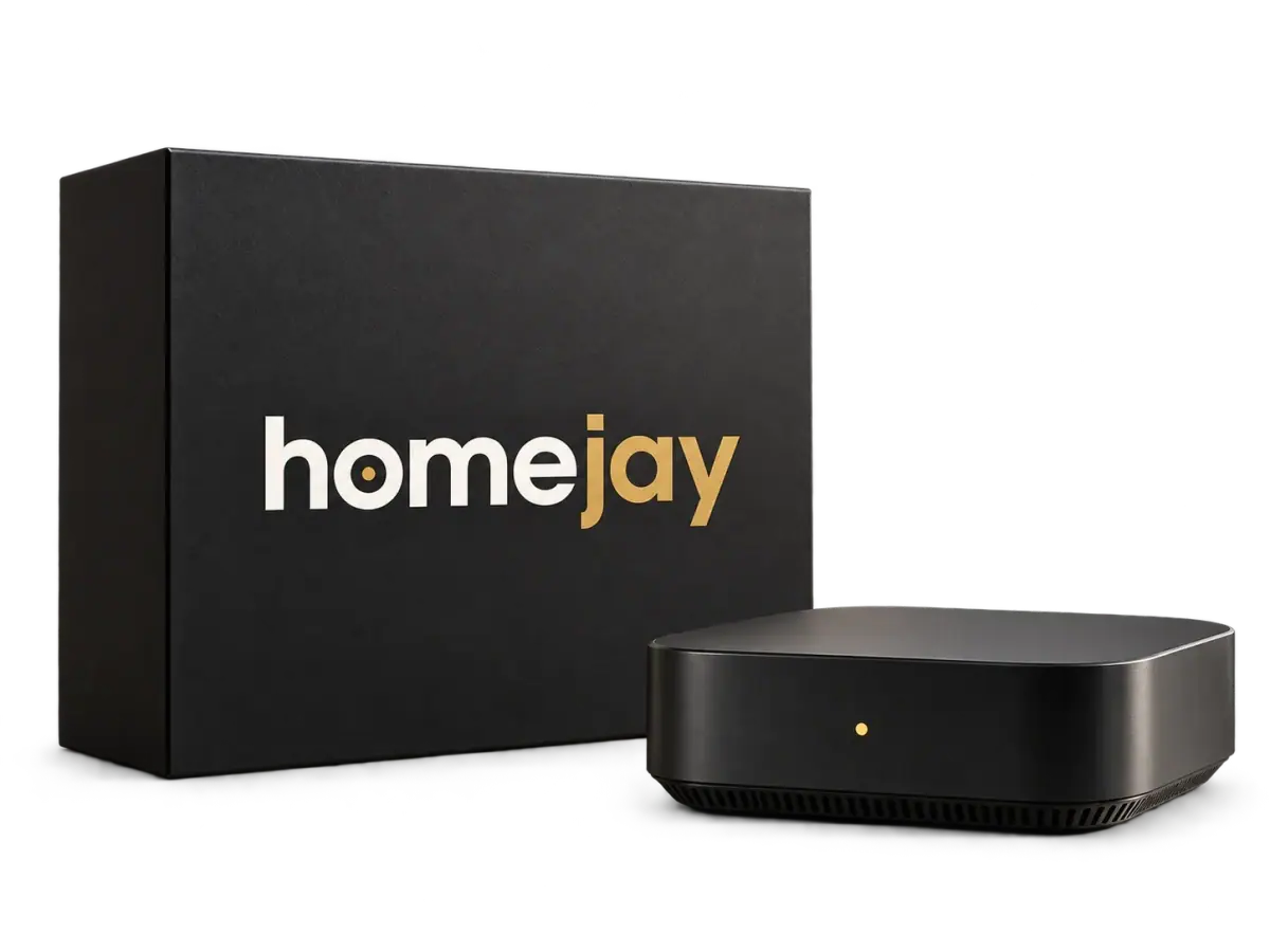The Homejay Core appliance and its presentation box.