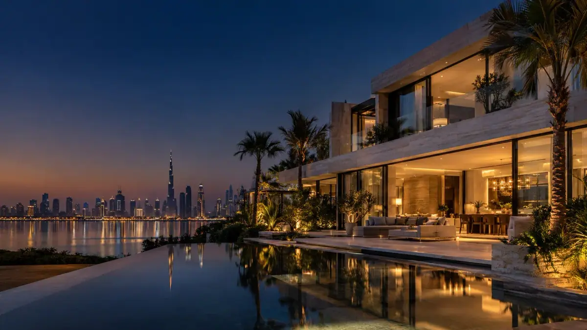 A contemporary Dubai villa illuminated at blue hour, with the city skyline beyond.